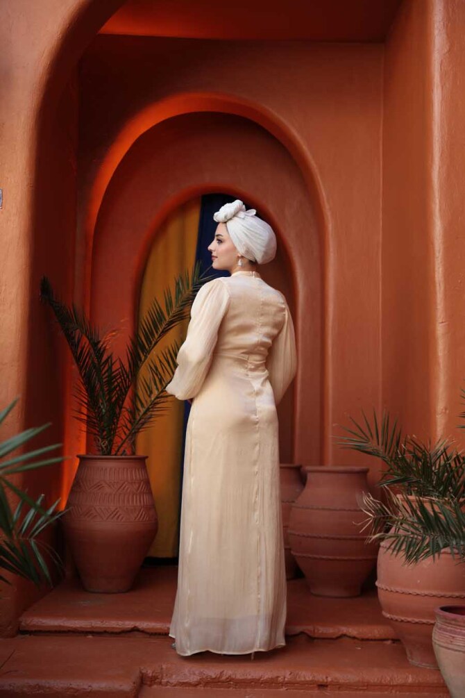 Tesettürlü Abiye Elbise - Balon Kol Bej Tesettür Abiye Elbise 62312BEJ - 4