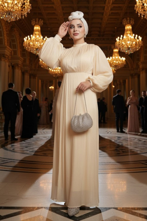 Tesettürlü Abiye Elbise - Balon Kol Bej Tesettür Abiye Elbise 62312BEJ - 1