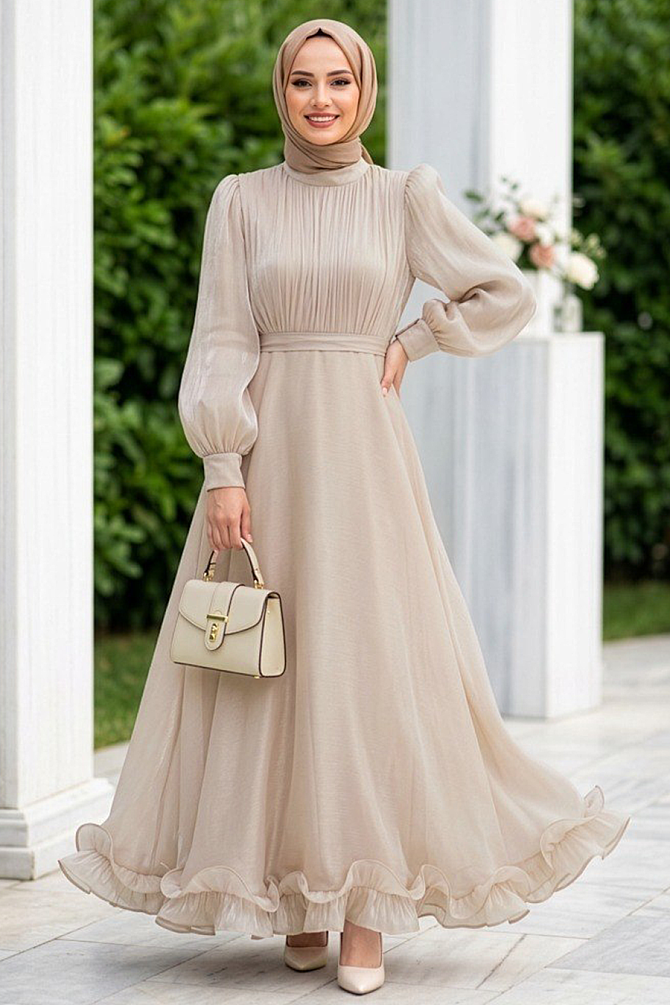 Tesettürlü Abiye Elbise - Balon Kol Bej Tesettür Abiye Elbise 6278BEJ - N.S NEVA STYLE