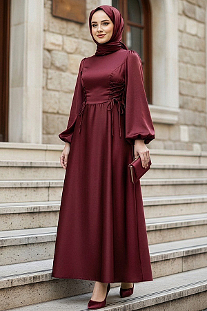 Tesettürlü Abiye Elbise - Balon Kol Bordo Saten Tesettür Abiye Elbise 61501BR 