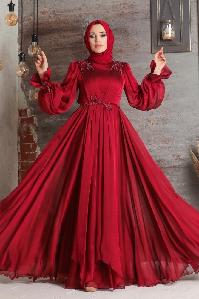 Tesettürlü Abiye Elbise - Balon Kol Bordo Tesettür Abiye Elbise 21910BR - 1