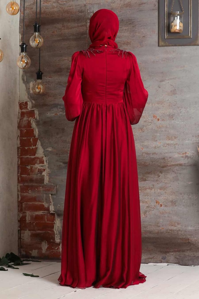 Tesettürlü Abiye Elbise - Balon Kol Bordo Tesettür Abiye Elbise 21910BR - 2