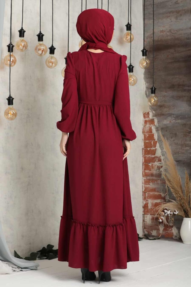 Tesettürlü Abiye Elbise - Balon Kol Bordo Tesettür Abiye Elbise 2767BR - 2