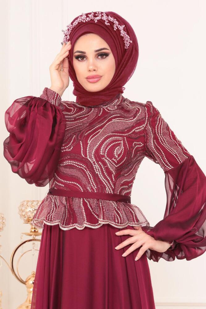 Tesettürlü Abiye Elbise - Balon Kol Bordo Tesettür Abiye Elbise 3731BR - 2