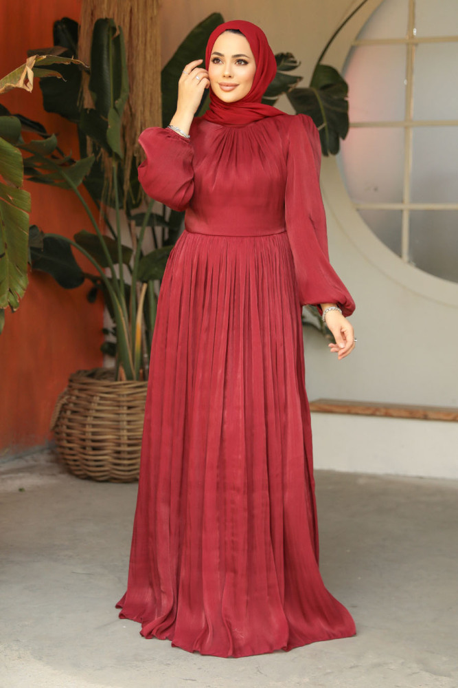 Tesettürlü Abiye Elbise - Balon Kol Bordo Tesettür Abiye Elbise 45191BR - 1