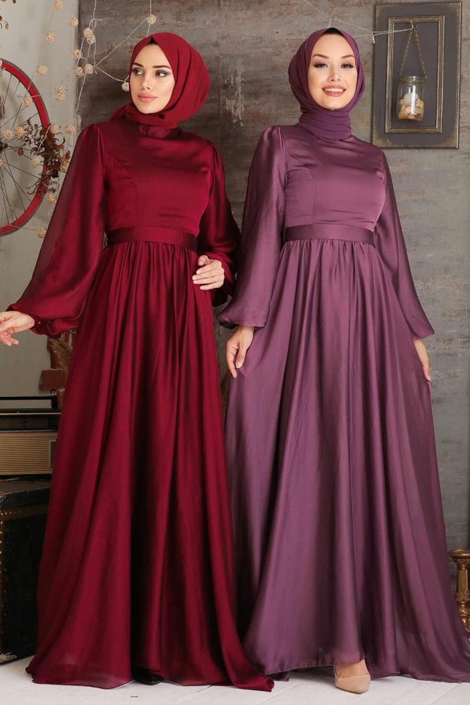 Tesettürlü Abiye Elbise - Balon Kol Bordo Tesettür Abiye Elbise 5215BR - 2