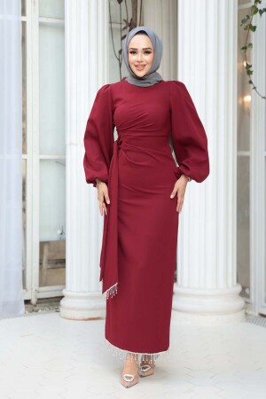 Tesettürlü Abiye Elbise - Balon Kol Bordo Tesettür Abiye Elbise 62251BR - 2