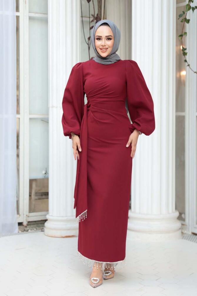 Tesettürlü Abiye Elbise - Balon Kol Bordo Tesettür Abiye Elbise 62251BR - 2