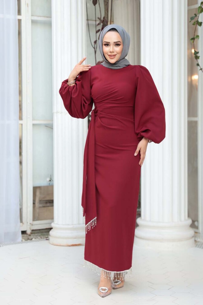 Tesettürlü Abiye Elbise - Balon Kol Bordo Tesettür Abiye Elbise 62251BR - 3