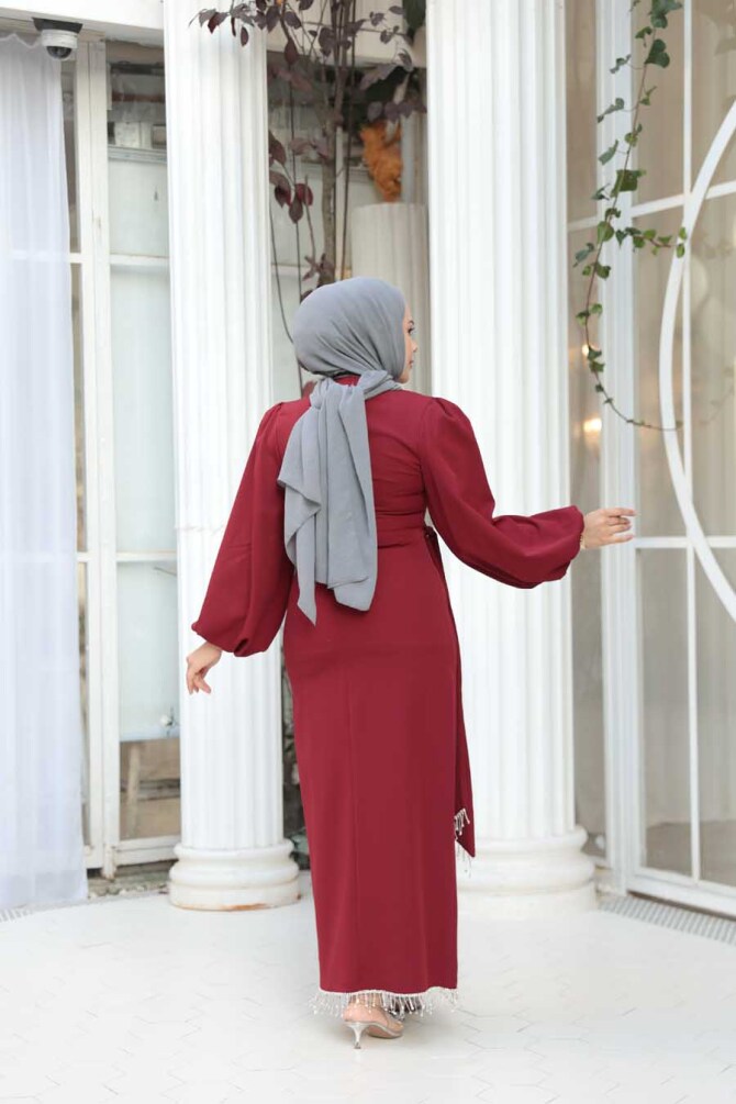 Tesettürlü Abiye Elbise - Balon Kol Bordo Tesettür Abiye Elbise 62251BR - 4