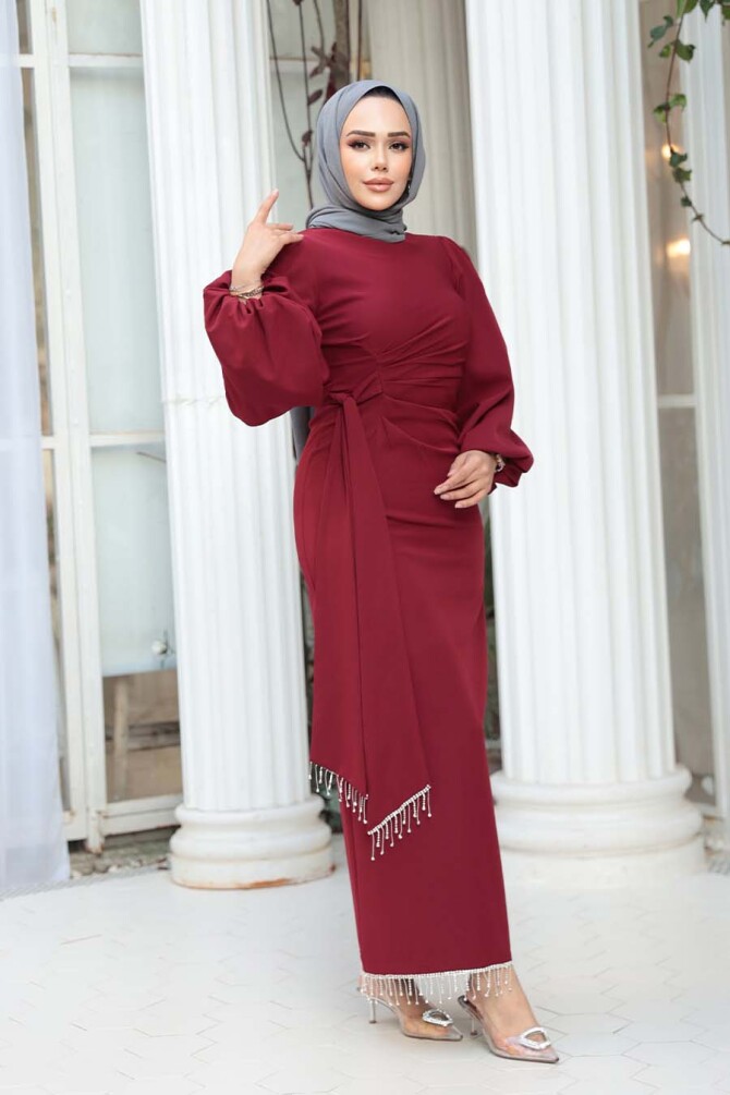Tesettürlü Abiye Elbise - Balon Kol Bordo Tesettür Abiye Elbise 62251BR - N.S NEVA STYLE