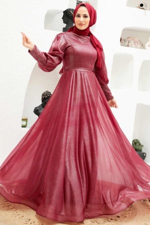 Tesettürlü Abiye Elbise - Balon Kol Bordo Tesettürlü Abiye Elbise 56721BR - 1