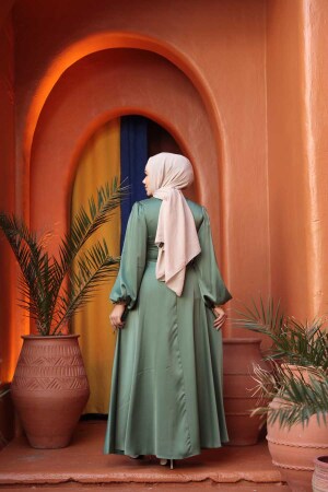 Tesettürlü Abiye Elbise - Balon Kol Çağla Yeşili Saten Tesettür Abiye Elbise 61501CY - 4