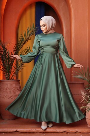 Tesettürlü Abiye Elbise - Balon Kol Çağla Yeşili Saten Tesettür Abiye Elbise 61501CY 