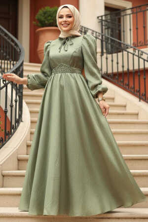 Tesettürlü Abiye Elbise - Balon Kol Çağla Yeşili Tesettür Abiye Elbise 45581CY - 1