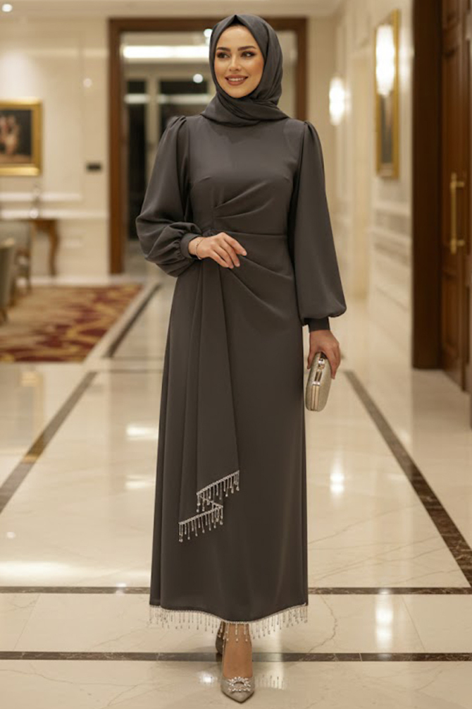 Tesettürlü Abiye Elbise - Balon Kol Füme Tesettür Abiye Elbise 62251FU - 1