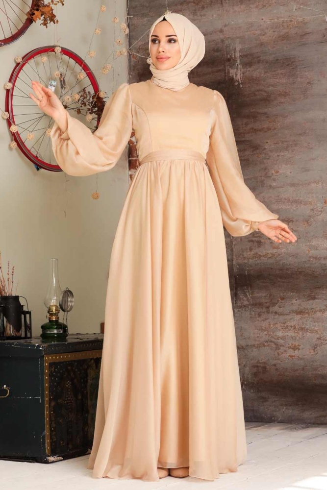 Tesettürlü Abiye Elbise - Balon Kol Gold Tesettür Abiye Elbise 5215GOLD - 1