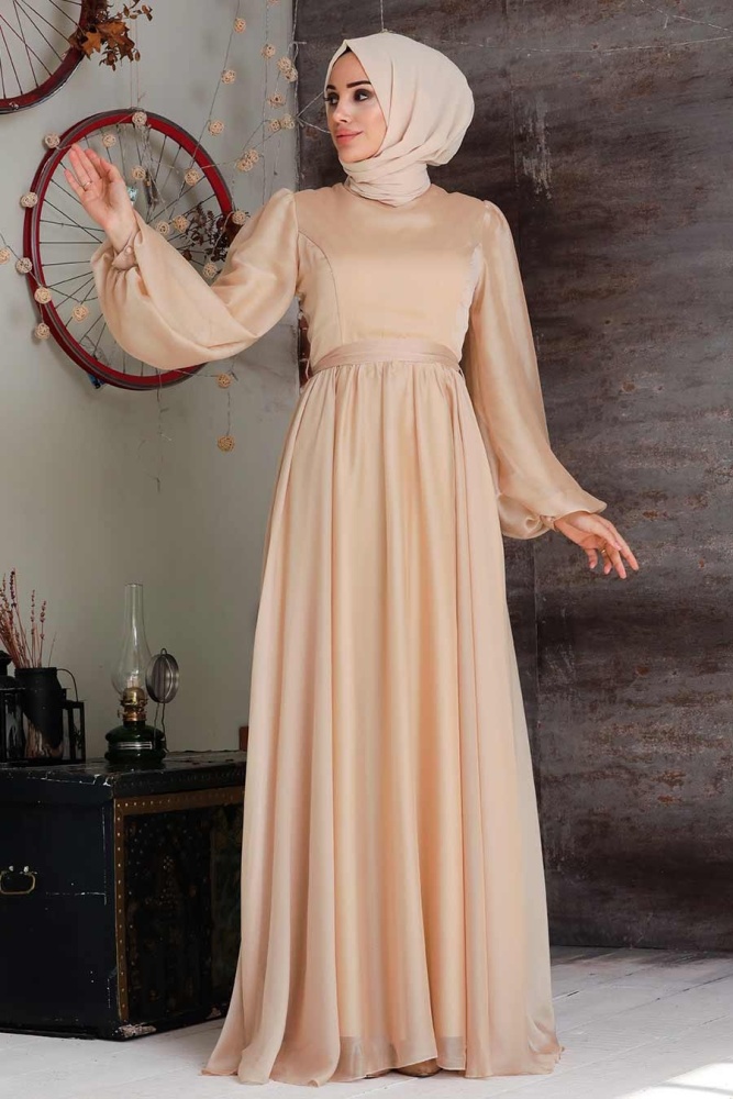 Tesettürlü Abiye Elbise - Balon Kol Gold Tesettür Abiye Elbise 5215GOLD - 2