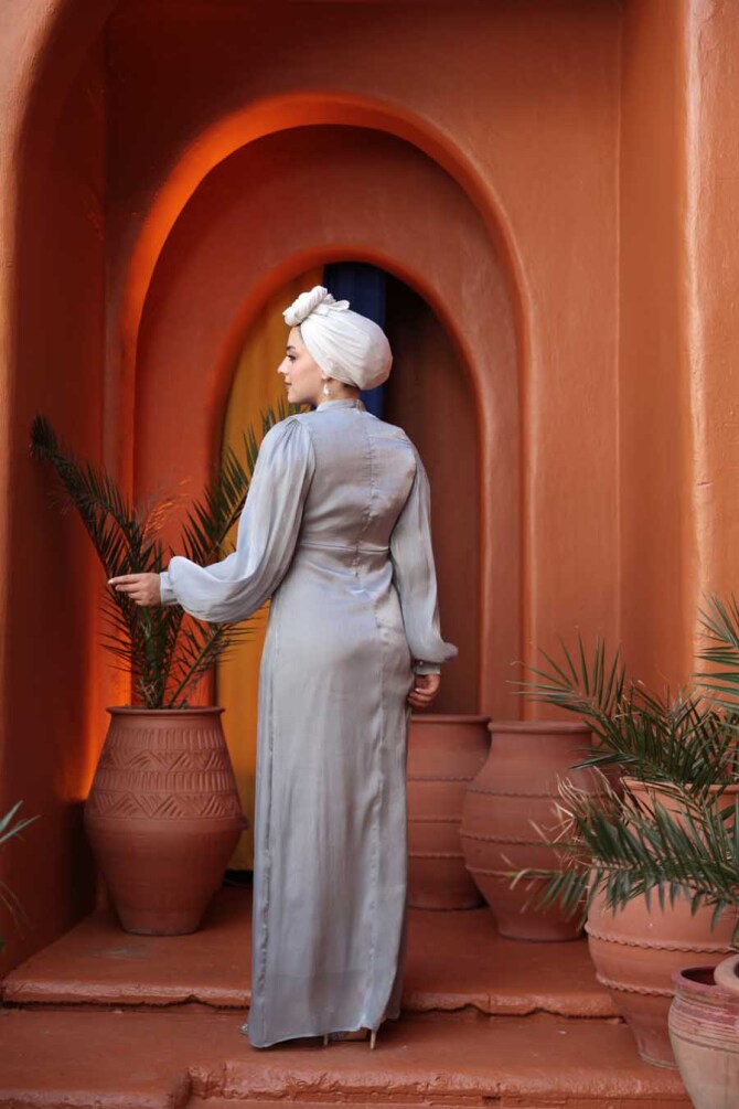 Tesettürlü Abiye Elbise - Balon Kol Gri Tesettür Abiye Elbise 62312GR - 5