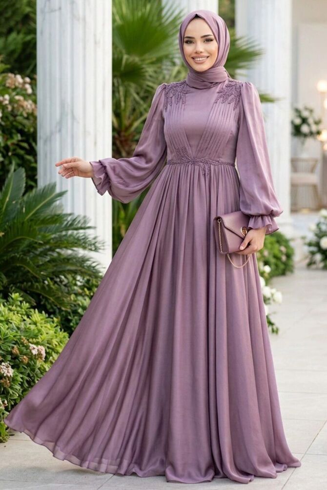Tesettürlü Abiye Elbise - Balon Kol Gül Kurusu Tesettür Abiye Elbise 21910GK - TESETTÜRLÜ ABİYE ELBİSELER