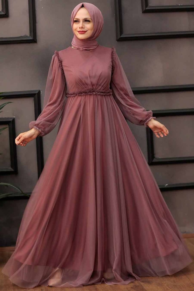 Tesettürlü Abiye Elbise - Balon Kol Gül Kurusu Tesettür Abiye Elbise 29210GK - 5