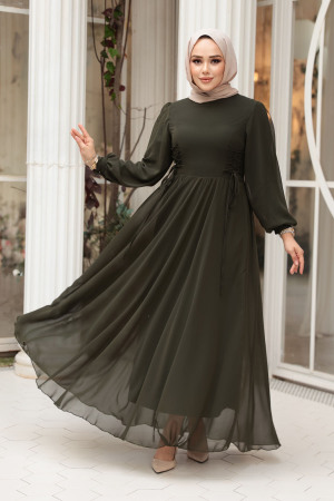 Tesettürlü Abiye Elbise - Balon Kol Haki Tesettür Abiye Elbise 62381HK - 2