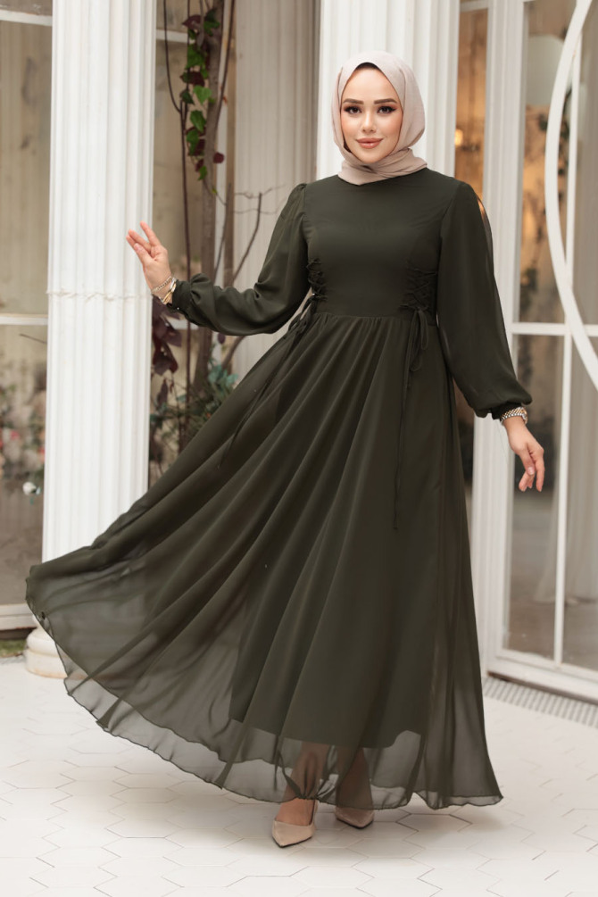 Tesettürlü Abiye Elbise - Balon Kol Haki Tesettür Abiye Elbise 62381HK - 2