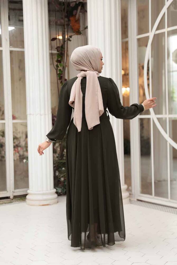 Tesettürlü Abiye Elbise - Balon Kol Haki Tesettür Abiye Elbise 62381HK - 3