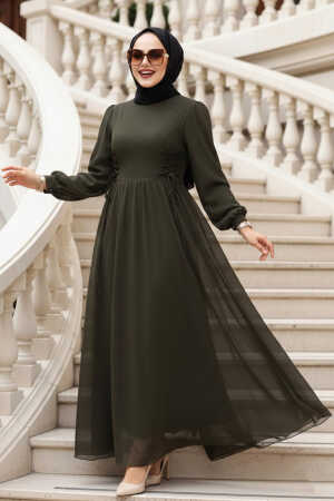 Tesettürlü Abiye Elbise - Balon Kol Haki Tesettür Abiye Elbise 62381HK - N.S NEVA STYLE