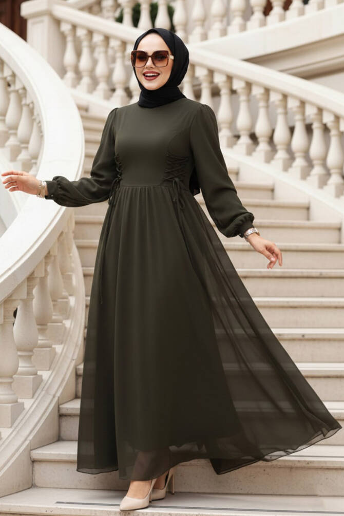 Tesettürlü Abiye Elbise - Balon Kol Haki Tesettür Abiye Elbise 62381HK - N.S NEVA STYLE