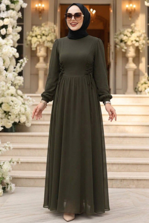 Tesettürlü Abiye Elbise - Balon Kol Haki Tesettür Abiye Elbise 62381HK 