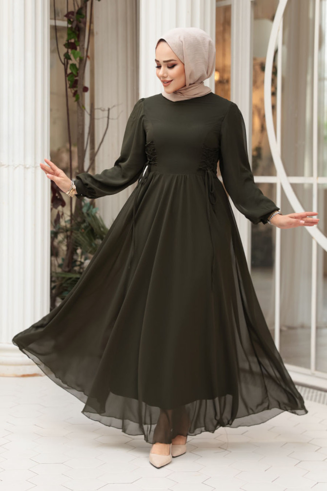 Tesettürlü Abiye Elbise - Balon Kol Haki Tesettür Abiye Elbise 62381HK - N.S NEVA STYLE