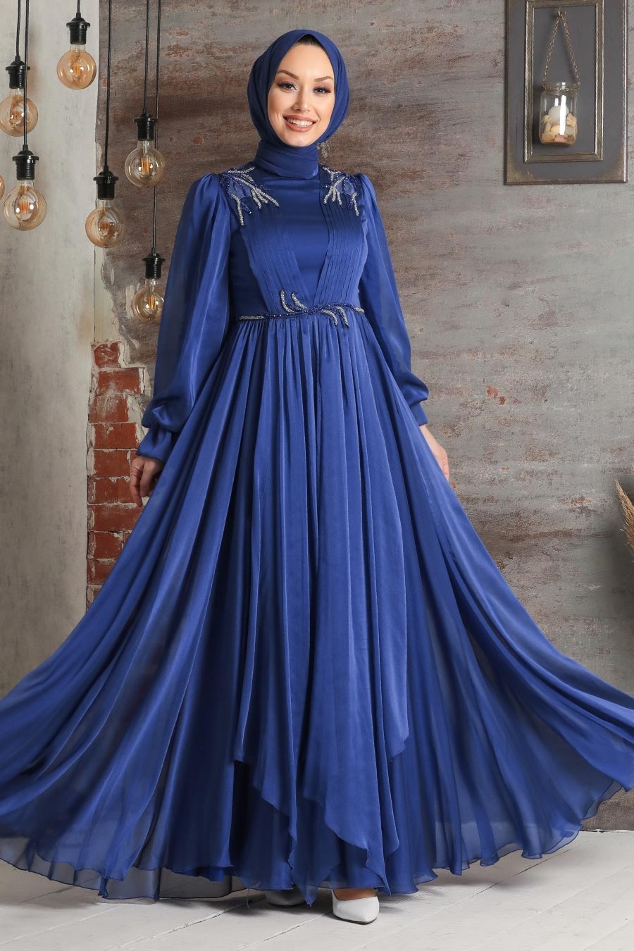 Tesettürlü Abiye Elbise - Balon Kol İndigo Mavisi Tesettür Abiye Elbise 21910IM