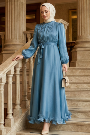 Tesettürlü Abiye Elbise - Balon Kol İndigo Mavisi Tesettür Abiye Elbise 6278IM 