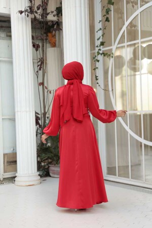 Tesettürlü Abiye Elbise - Balon Kol Kırmızı Saten Tesettür Abiye Elbise 61501K - 4
