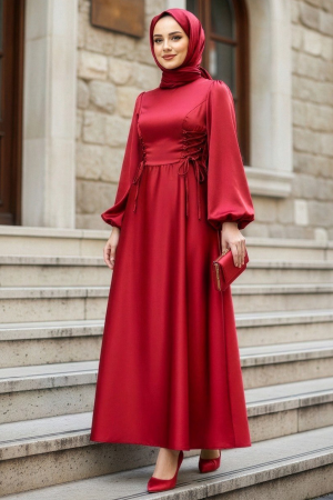 Tesettürlü Abiye Elbise - Balon Kol Kırmızı Saten Tesettür Abiye Elbise 61501K 