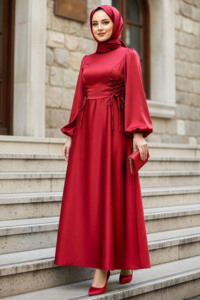 Tesettürlü Abiye Elbise - Balon Kol Kırmızı Saten Tesettür Abiye Elbise 61501K - 1