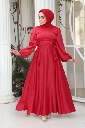 Tesettürlü Abiye Elbise - Balon Kol Kırmızı Saten Tesettür Abiye Elbise 61501K 