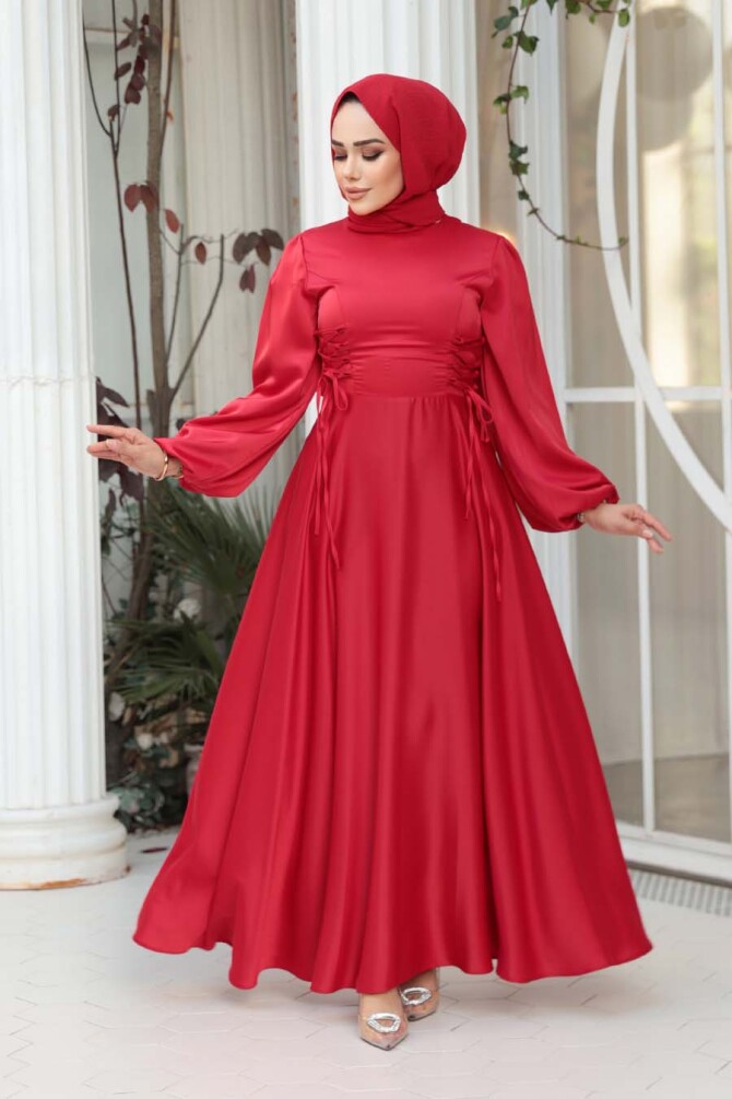 Tesettürlü Abiye Elbise - Balon Kol Kırmızı Saten Tesettür Abiye Elbise 61501K - N.S NEVA STYLE