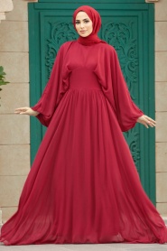 Tesettürlü Abiye Elbise - Balon Kol Kırmızı Tesettür Abiye Elbise 60681K - Thumbnail
