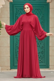 Tesettürlü Abiye Elbise - Balon Kol Kırmızı Tesettür Abiye Elbise 60681K - Thumbnail