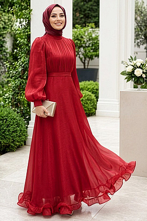 Tesettürlü Abiye Elbise - Balon Kol Kırmızı Tesettür Abiye Elbise 6278K 