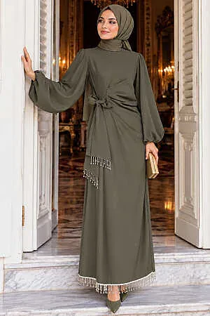 Balloon-Sleeve Dark Khaki Modest Evening Dress 62251KHK 