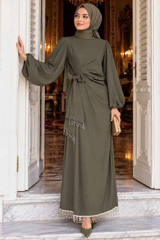 Balloon-Sleeve Dark Khaki Modest Evening Dress 62251KHK - 1