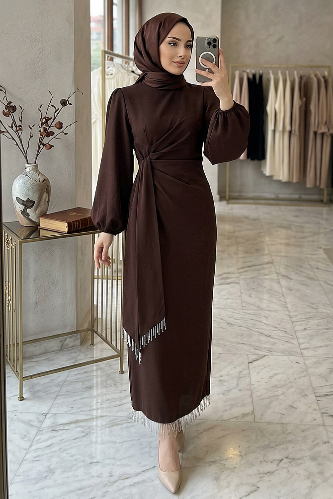 Tesettürlü Abiye Elbise - Balon Kol Koyu Kahverengi Tesettür Abiye Elbise 62251KKH - N.S NEVA STYLE