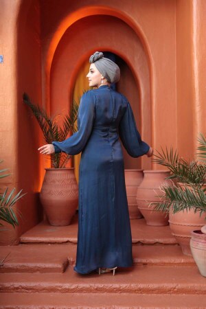 Tesettürlü Abiye Elbise - Balon Kol Lacivert Tesettür Abiye Elbise 62312L - 6