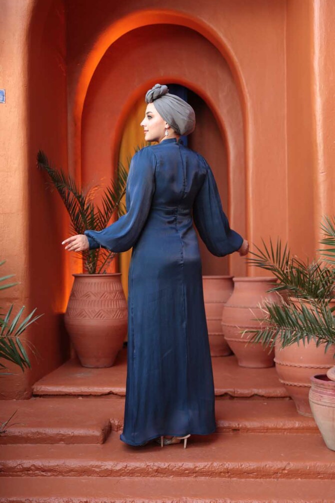 Tesettürlü Abiye Elbise - Balon Kol Lacivert Tesettür Abiye Elbise 62312L - 6