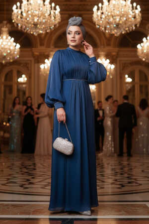 Tesettürlü Abiye Elbise - Balon Kol Lacivert Tesettür Abiye Elbise 62312L 