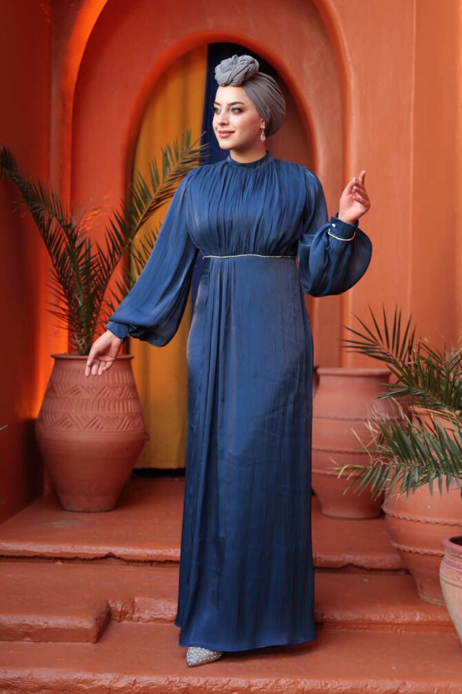 Tesettürlü Abiye Elbise - Balon Kol Lacivert Tesettür Abiye Elbise 62312L - N.S NEVA STYLE