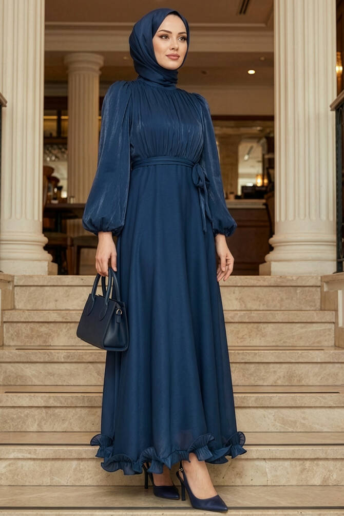 Tesettürlü Abiye Elbise - Balon Kol Lacivert Tesettür Abiye Elbise 6278L - N.S NEVA STYLE